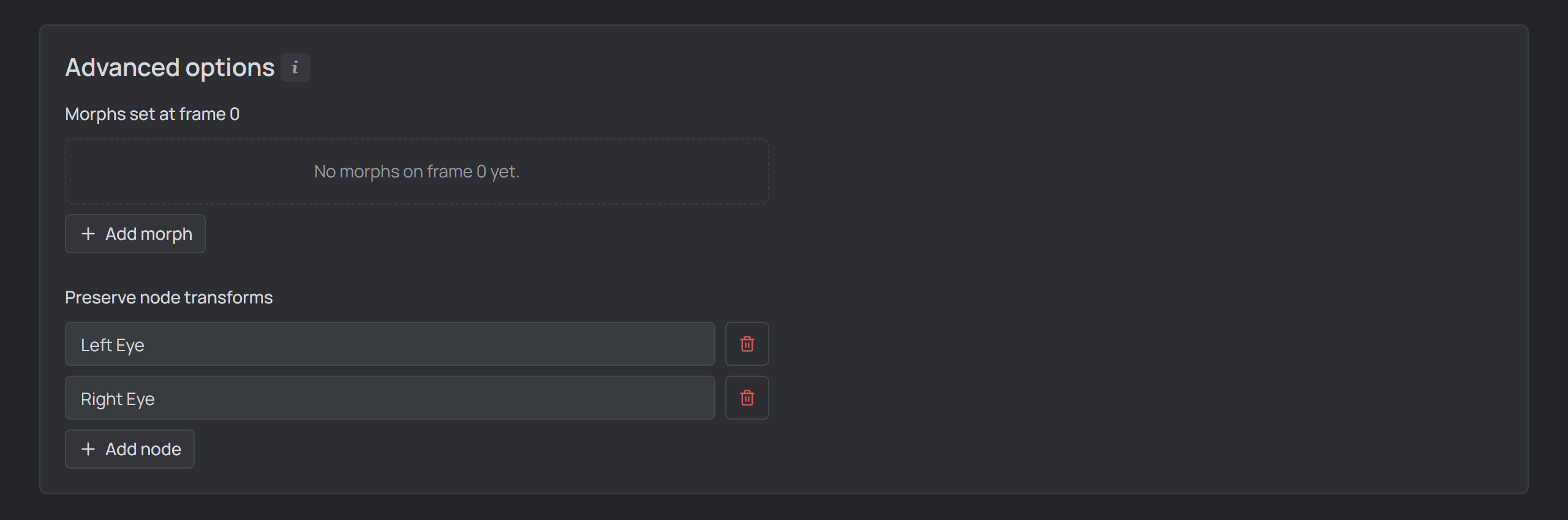 character page, Advanced options panel expanded