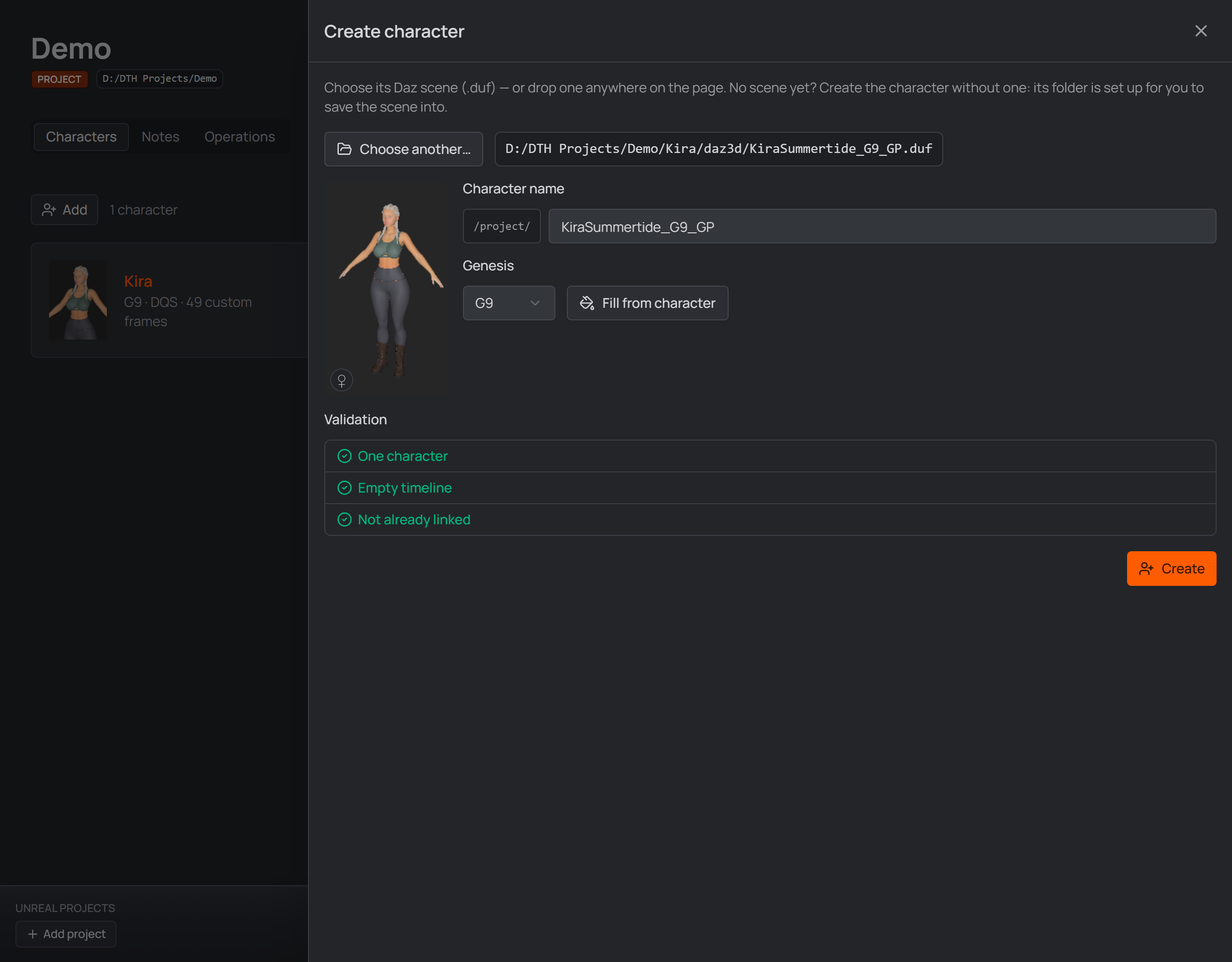 project window, create character panel
