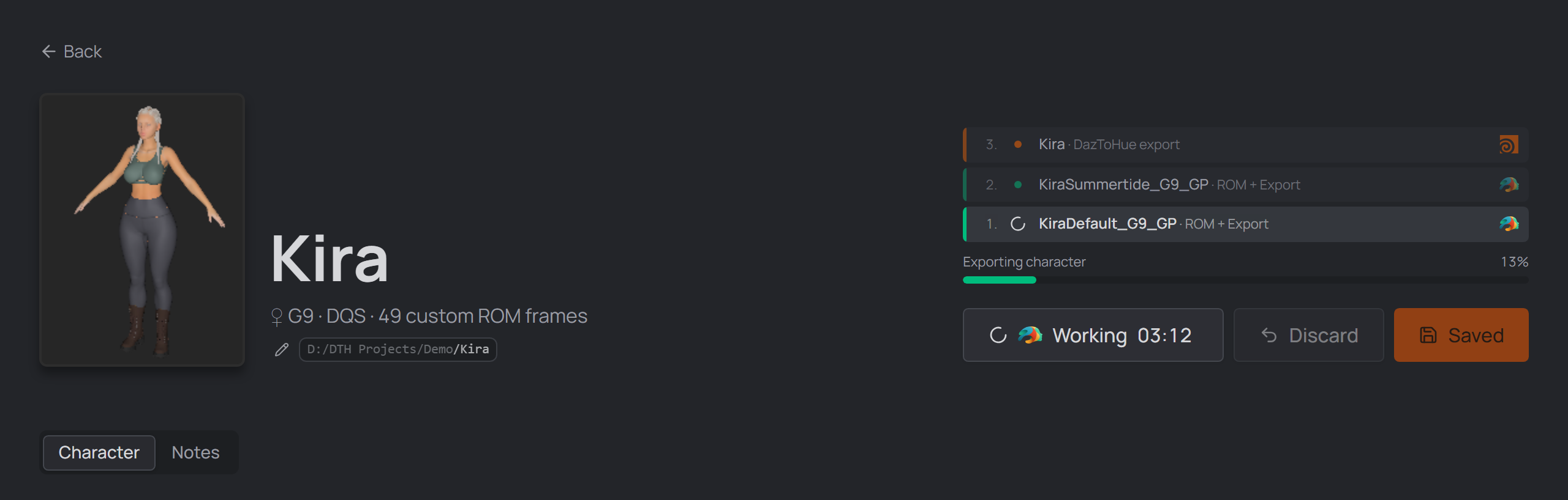 the character header mid-run — the run's task list and its progress bar