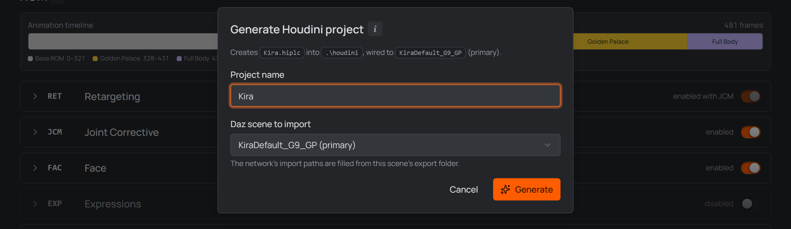 the Generate Houdini project dialog