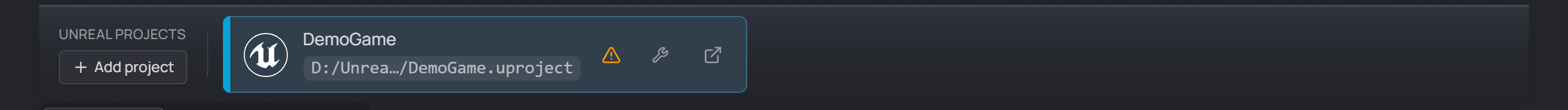 Unreal projects footer bar with a linked project card