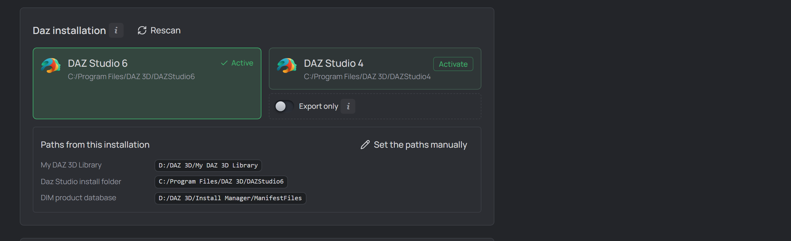 Daz installation cards with the derived read-only paths